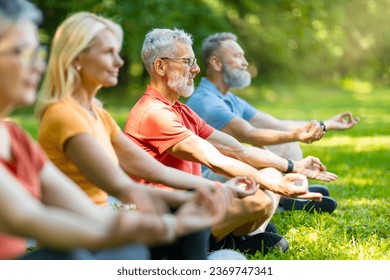 Group Meditation. Diverse Sporty Senior People Meditating Together Outdoors, Smiling Older Men And Women Practicing Yoga, Sitting In Lotus Position And Keeping Hands In Mudra Gesture, Side View - Powered by Shutterstock