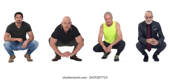group of men crouching on  white background