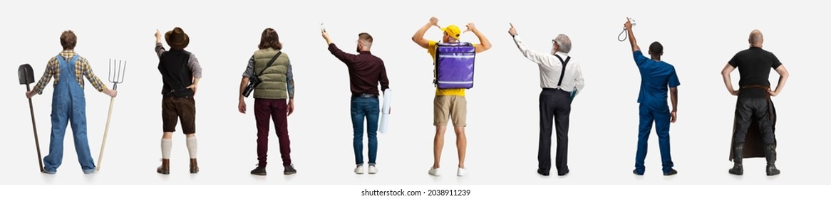 Group Of Men Of Different Professions Back Face Camera Isolated On White Background. Male Models In Image Of Blacksmith, Architect, Professor, Delivery Man, Doctor, Farmer, Cameramen. Flyer, Collage