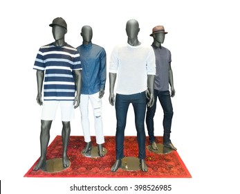 Group Of Men Mannequins In The Shop. Isolated On White Background