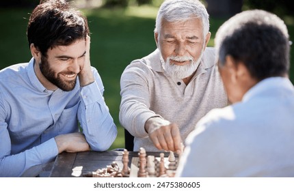 Group, men and playing chess in garden for retirement, friends and strategy game in nature. Together, community or social in countryside with man and senior people for boardgames at table in park - Powered by Shutterstock