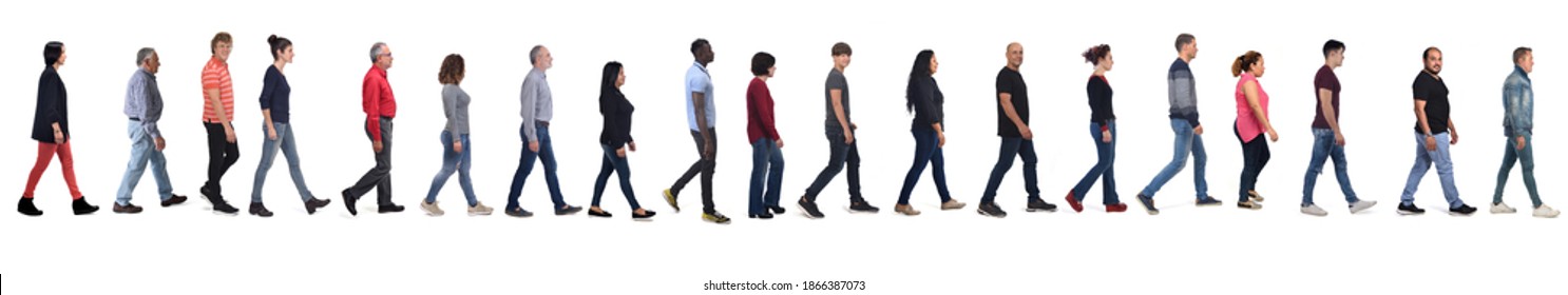 Group Of Men And Women Wearing Blue Jeans Walking On White Background