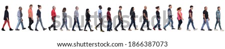 group of men and women wearing blue jeans walking on white background