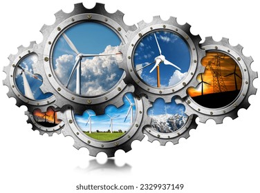Group of metal gears (cogwheels) with wind turbines inside, isolated on white background, photography and 3d illustration. Renewable energy concept.