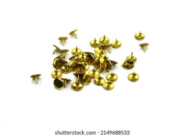 Group of metal thumb tacks isolated on a white background. thumbtacks or push pins 
