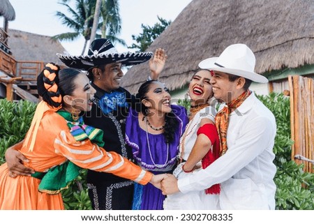 group of mexican dancers wearing traditional folk costume, young latin people portrait in Mexico Latin America