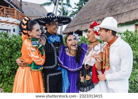 group of mexican dancers wearing traditional folk costume, young latin people portrait in Mexico Latin America
