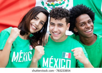 Group Of Mexican Soccer Fans With Flag Of Mexico