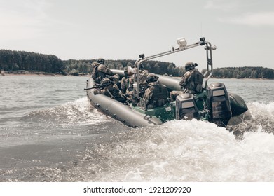 Group Of Military Fighters On A Boat With A Flasher Are Chasing Pirates. The Concept Of Sea Robberies, Piracy, Poaching. Mixed Media