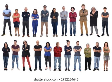 group of mixed people arms crossed on white background