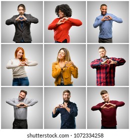 Group Of Mixed People, Women And Men Happy Showing Love With Hands In Heart Shape Expressing Healthy And Marriage Symbol