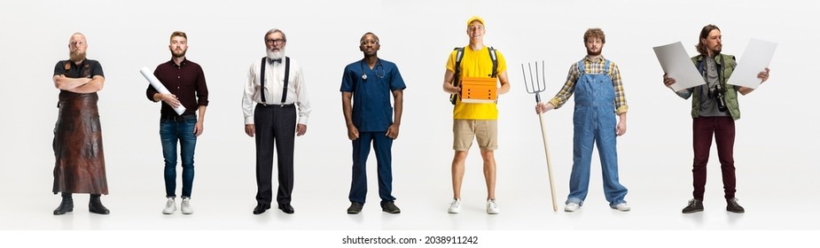 Group of mixed-age people with different professions standing isolated on white background. Male models in image of blacksmith, architect, professor, courier, doctor, farmer, cameramen. Flyer, collage - Powered by Shutterstock