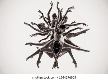 The Group Of Modern Ballet Dancers Like A Tree. Contemporary Art Ballet. Young Flexible Athletic People In Tights. Copyspace. Concept Of Dance Grace, Inspiration, Creativity. Made Of Shots Of 5 Models