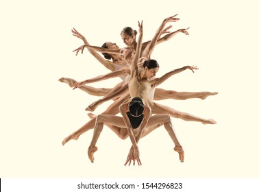 The Group Of Modern Ballet Dancers Like A Tree. Contemporary Art Ballet. Young Flexible Athletic People In Tights. Copyspace. Concept Of Dance Grace, Inspiration, Creativity. Made Of Shots Of 5 Models