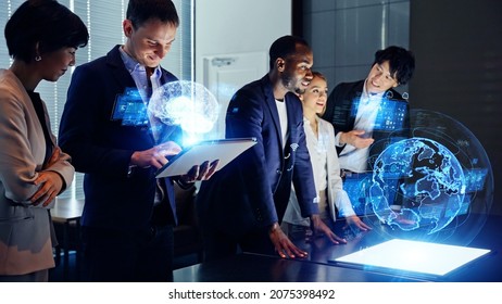 Group Of Multi Racial People Watching Hologram Display. Global Business. Management Strategy. Science Technology. Sustainable Development Goals. SDGs.