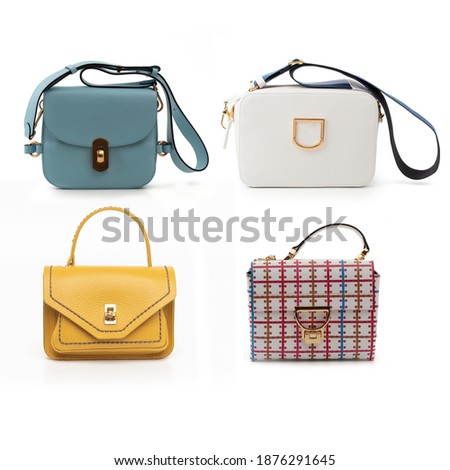group of multicolored leather purses isolated on white background