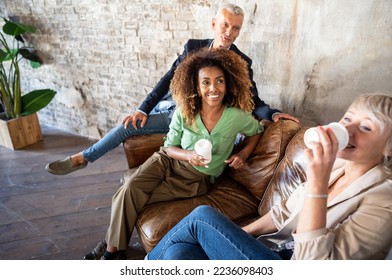 Group of  multicultural creative people having coffee break in office after meeting.  - Shutterstock ID 2236098403