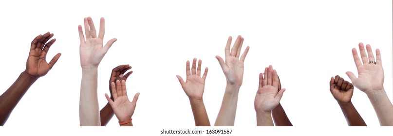 A group of multi-cultural hands raised upward - Powered by Shutterstock