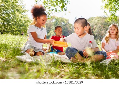 Group of multicultural kids is having a picnic on a summer meadow - Powered by Shutterstock