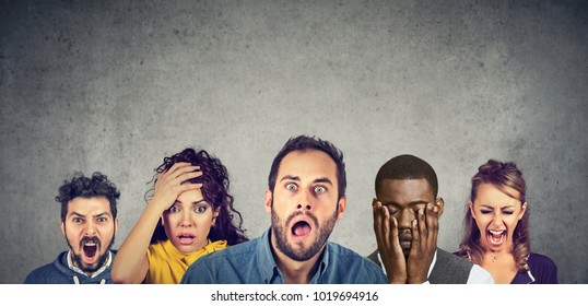 Group Of Multicultural People Being Emotional With Different Feelings And Emotions, Standing In A Row. Women And Men Expressing Anger, Desperation, Shock