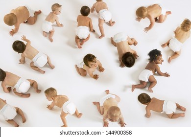 Group Of Multiethnic Babies Crawling Isolated On White Background