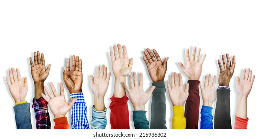 Group of Multiethnic Diverse Hands Raised - Shutterstock ID 215936302