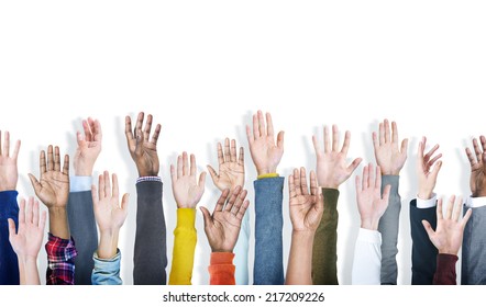 Group of Multiethnic Diverse Hands Raised - Shutterstock ID 217209226