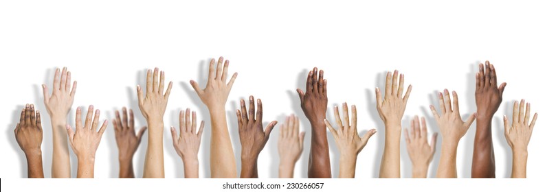 Group of Multiethnic Diverse Hands Raised - Shutterstock ID 230266057