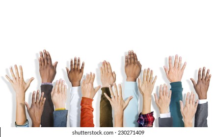 Group of Multiethnic Diverse Hands Raised - Shutterstock ID 230271409