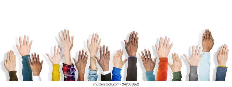 Group of Multiethnic Diverse Hands Raised - Shutterstock ID 249033862