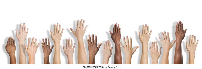 Group of Multiethnic Diverse Hands Raised - Shutterstock ID 277605212