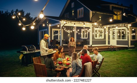 Group of Multiethnic Diverse People Having Fun, Communicating with Each Other and Eating at Outdoors Dinner. Family and Friends Gathered Outside Their Home on a Warm Summer Evening. - Shutterstock ID 2227481227