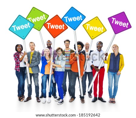 Group of Multiethnic People Holding Sign Poles with the Word Tweet