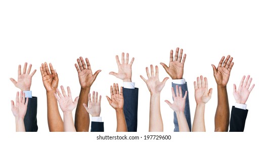 Group of multi-ethnic people's arms outstretched in a white background. - Shutterstock ID 197729600