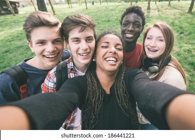 Group of Multiethnic Teenagers Taking a Selfie
