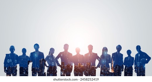 Group of multinational businesspeople and digital technology concept. Wide angle visual for banners or advertisements.