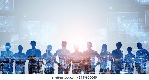 Group of multinational businesspeople and digital technology concept. Wide angle visual for banners or advertisements. - Powered by Shutterstock