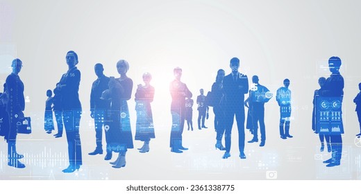 Group of multinational people and digital technology concept. Wide angle visual for banners or advertisements.