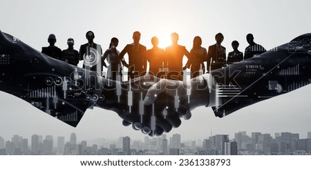 Group of multinational people and financial technology concept. Wide angle visual for banners or advertisements.