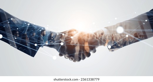 Group of multinational people  shaking hands and communication network concept. Wide angle visual for banners or advertisements.
