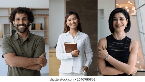 Group of multiracial businesspeople looking at camera posing at workplace. Collage of three confident and ambitious men and women standing in modern office feel satisfied with career and perspectives - Powered by Shutterstock