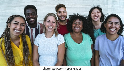 Group Multiracial Friends Having Fun Outdoor - Young People From Different Culture And Race - Diversity And Youth Millennial Generation Concept