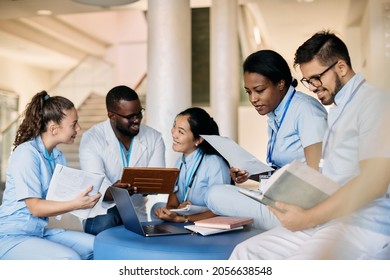 Group Of Multiracial Students Preparing For Exam And Learning Together At Medical University. Focus Is On African American Female Student.