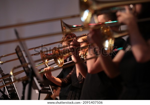Group of musicians jazz band playing various musical\
instruments golden saxophone trombone trumpet standing on stage in\
a row