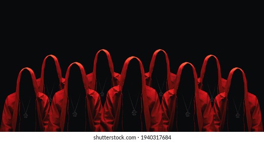 Group of mystery people in a red hooded cloaks. Isolated on black. Unrecognizable person. Hiding face in shadow. Ghostly figure. Sectarians. Conspiracy concept. - Shutterstock ID 1940317684