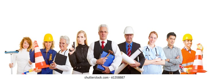 Group Of Nine Happy Business People With Different Occupations