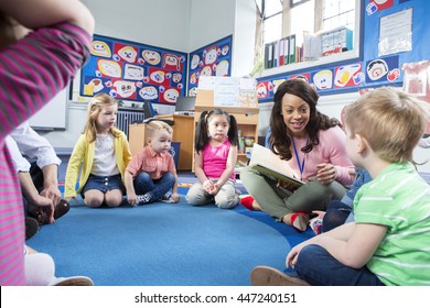 Group Of Nursery Children Sitting On The Floor In Their Classroom. The Teacher Is Reading From A Book. 