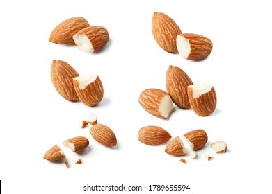 group nut pieces chopped almond  broken and lay down on white isolated with Clipping path