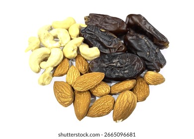 Group of Nuts Dry Dates,Cheshew Nuts and Almonds on the white Background