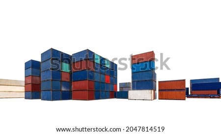 group of objects in a raw container shipping Warehouse stacking coloured on white background isolate wide angle view and copy space 